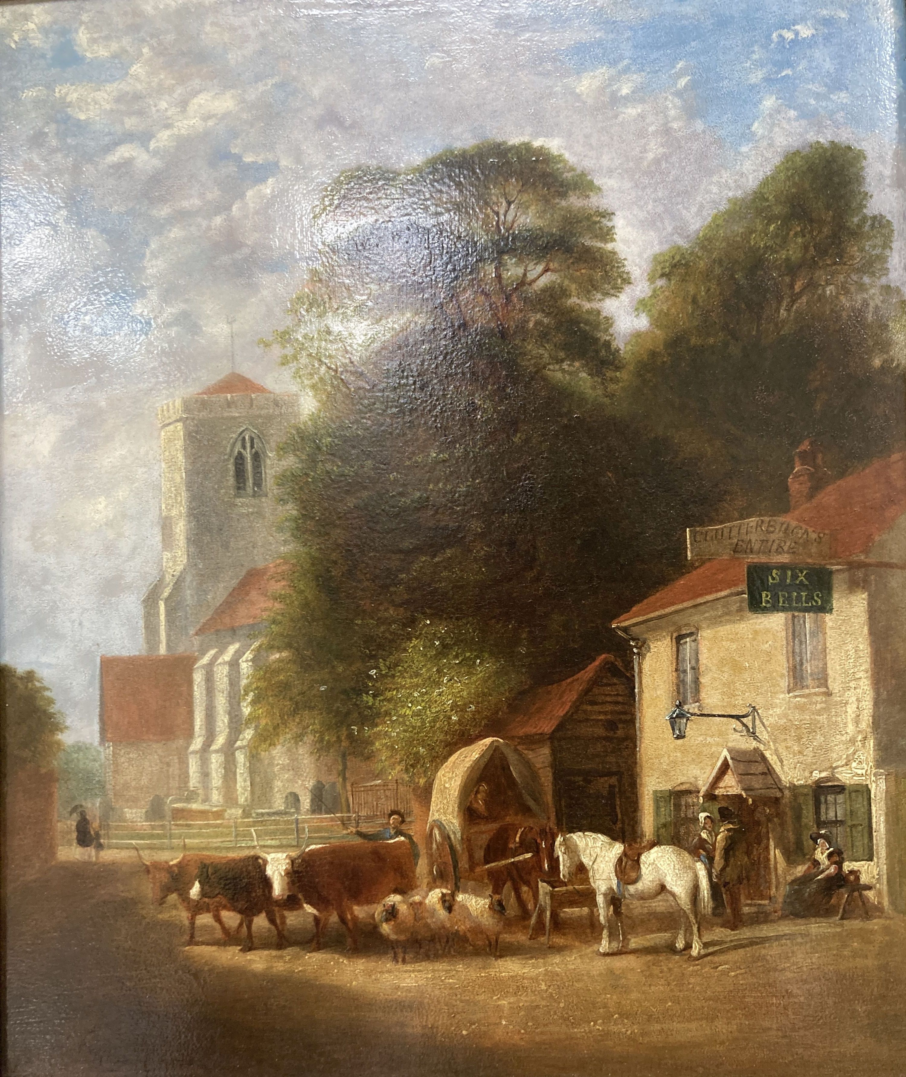 William Hixon (19th C.), oil on board, Outside The Six Bells and Willsden Church, Middlesex, original artist label verso, 35 x 29cm